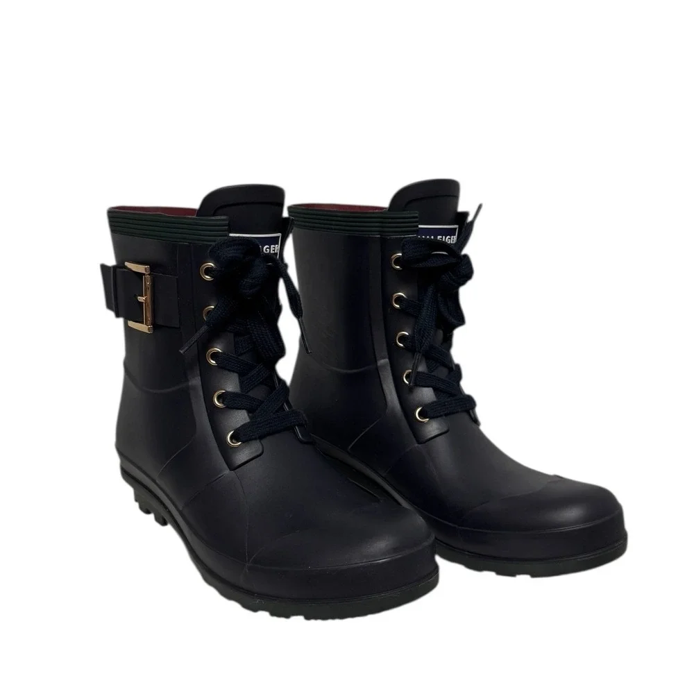 Tommy Hilfiger Spring Lace Up Buckle Rain Boots Ankle‎ Mid Calf Navy Blue 7